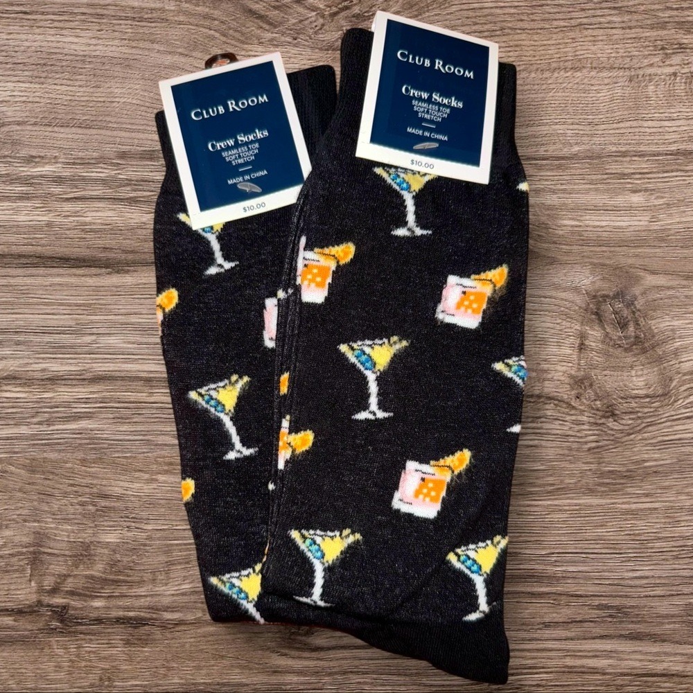 Club Room 2‎ pairs Men's Crew Socks – Black Cocktail Drink Print – One Size